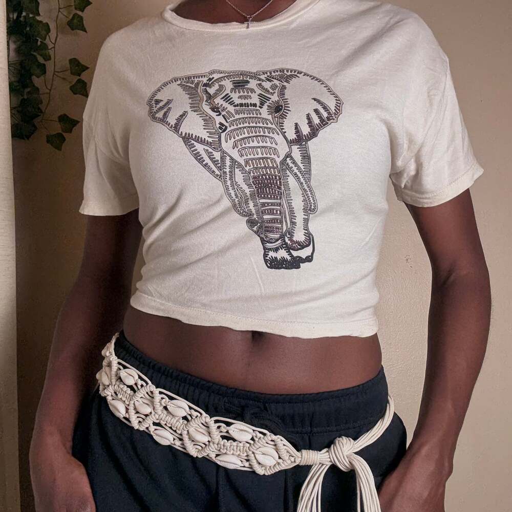 Cream Graphic Elephant Crop Top